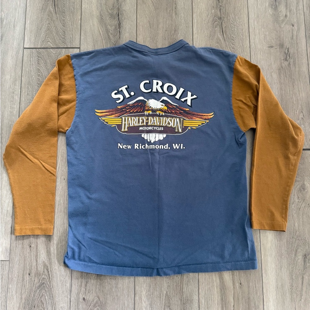 Vintage 90s Harley Davidson Motorcycle Henley Blue Wisconsin Long Sleeve Shirt L